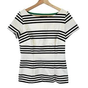 WHBM Short Sleeve Black and White Striped Ponte Peplum Blouse Womens Size 6